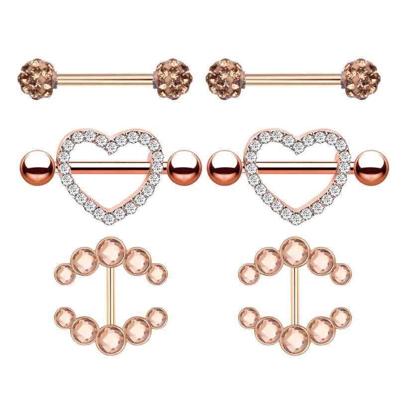 Nipple Rings Surgical steel heart nipple piercing set 14G crystal nipple piercing bar tongue ring pack charming nipple piercing jewelry Y240510