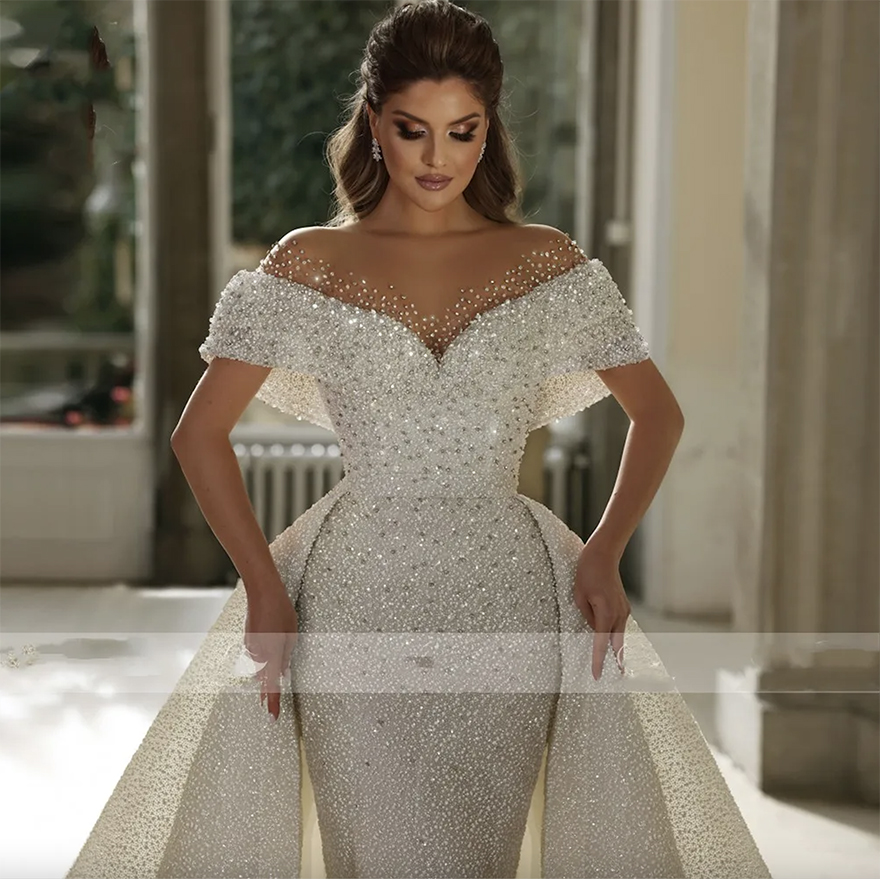 Meerjungfrau Brautkleider Schatz vor der Schulter Kurzarm Vestido de Novia Spitze abnehmbarer Zug Robe de Mariee Custom Brautkleider