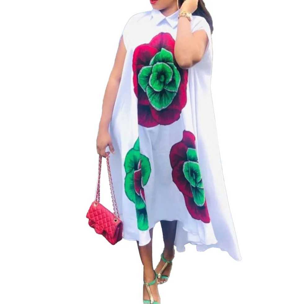 Plus -Größe Kleider lässige einfache feste Kleider für Frauen Sommer Vintage Lappelkragen Kurzer Slve -Print Blume Lose Damen Langes Kleid Y240510