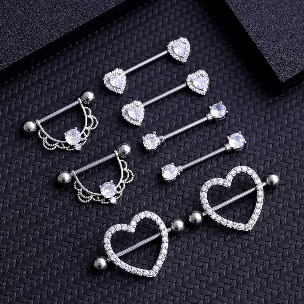 Tepelringen 2 stks titanium staal hart tepel piercing blauw roze kristal zirkoon sexy tepelringen voor vrouwelijke meisjes 14G Shield Barbell Jewelry Y240510