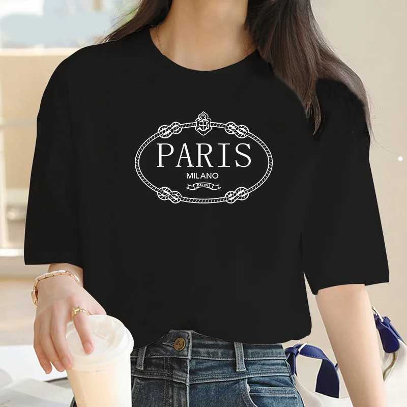 T-shirt féminin 2024 Nouveau Collier de marin Vêtements Fashion Paris Modèle Impression Short Slve T-shirt Trend Femmes Summer Y2k Short Slve Top T240508