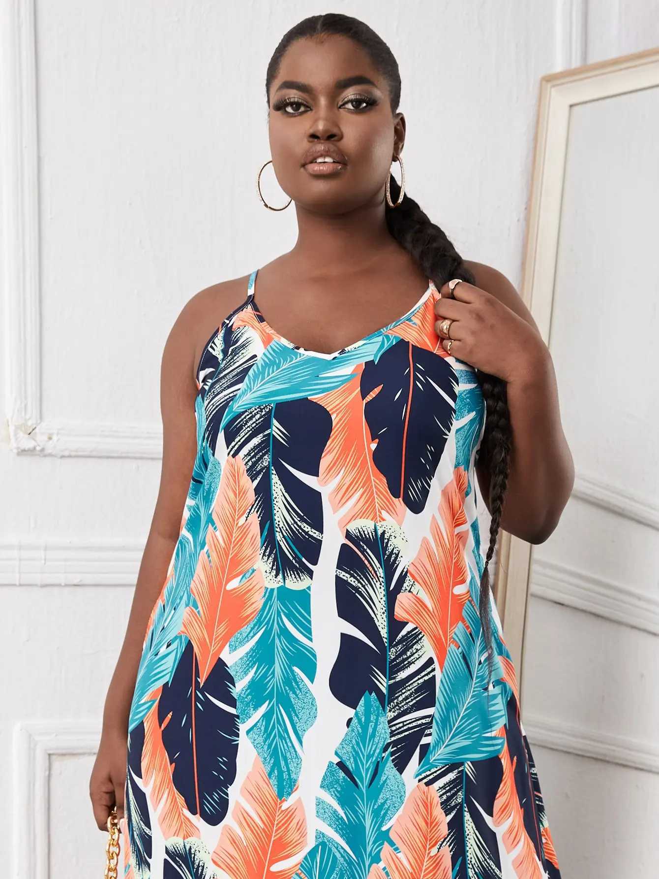 Plus -Size -Kleider 2023 Sommer Europäischer und amerikanischer Damen Plus Größe gedruckt lose Mop -Kleid Y240510