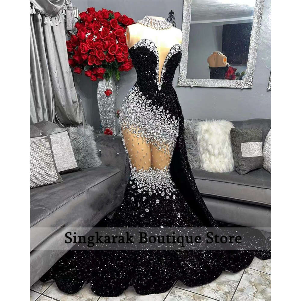 Sparkly Long Prom Dress 2024 Crystals Beads Sequins Gown For Black Girls Glitter Birthday Party special Reception