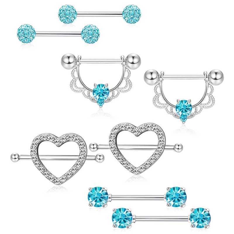 Nipple Rings Surgical steel heart nipple piercing set 14G crystal nipple piercing bar tongue ring pack charming nipple piercing jewelry Y240510