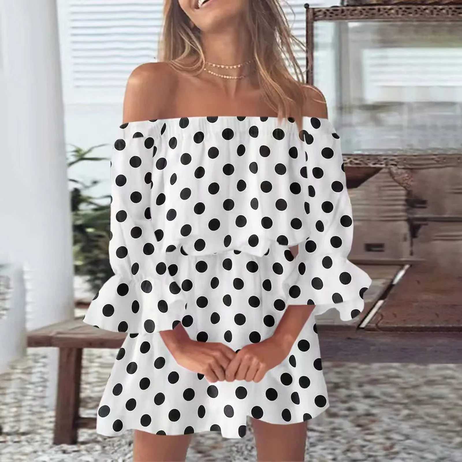 Urban sexy jurken schouder mini jurk dames luipaard patroon polka dot elegante zomerjurk casual losse mode diagonale nek lange mouw feestjurk d240510