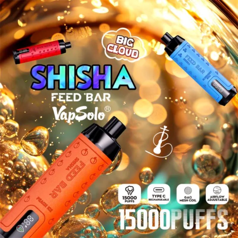 Bar d'alimentation Vapsolo d'origine Shisha 15000 Puffs Cigarettes électroniques jetables comprend la bobine de maille 22 ml rechargeable 650mAh RVB Light Disposables Vapes