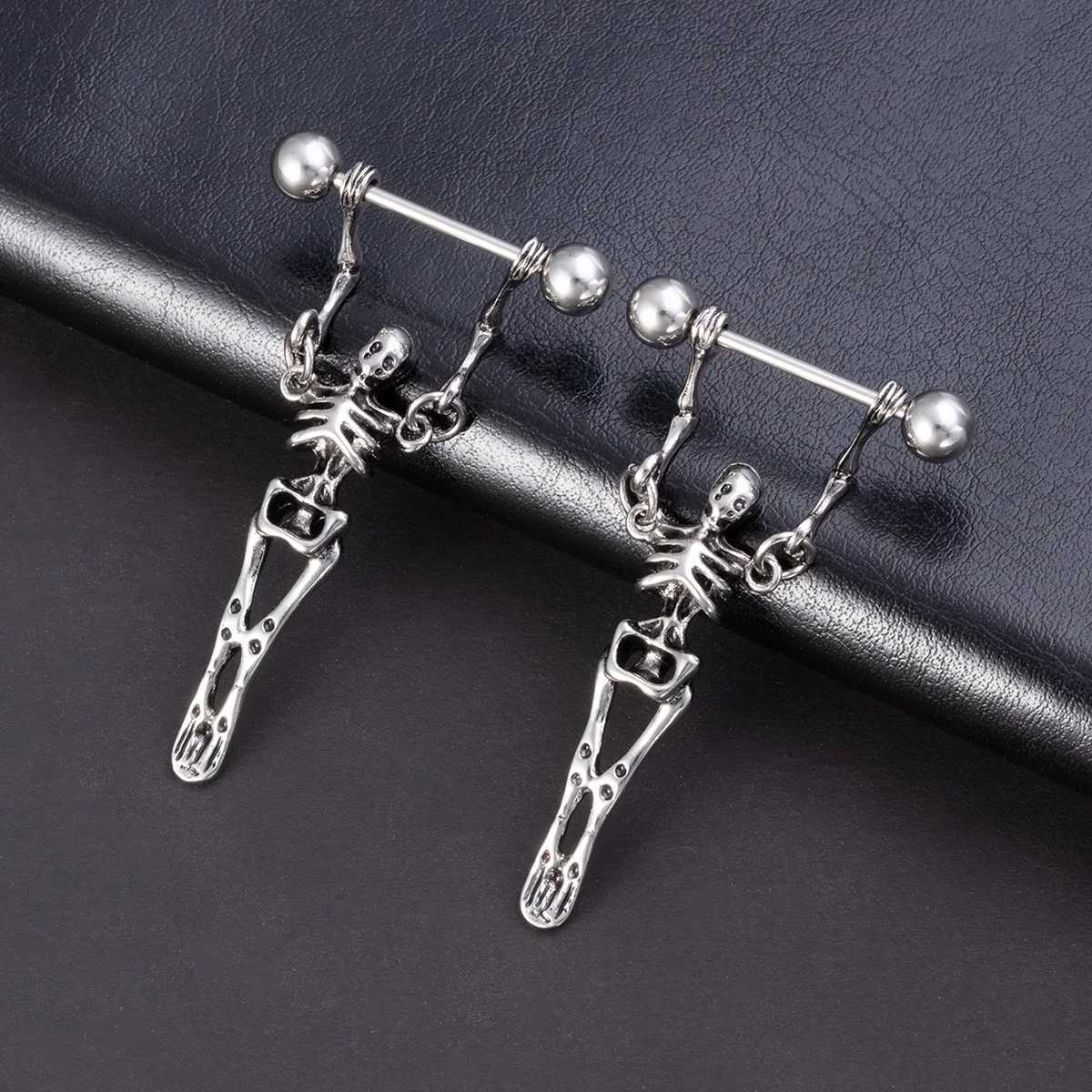 Nipple Rings Punk Skeleton Nipple Rings Breast Jewelry Stainless Steel Sexy Dangle Nipple Piercing Barbell for Women Men Gift 16G Y240510