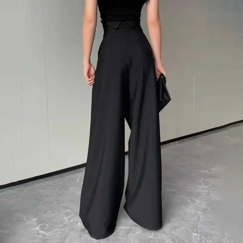 Женские брюки Capris 2024 Black Design Широко -ноговые штаны Женская потеря веса набор брюк волшебство с высокой талией.
