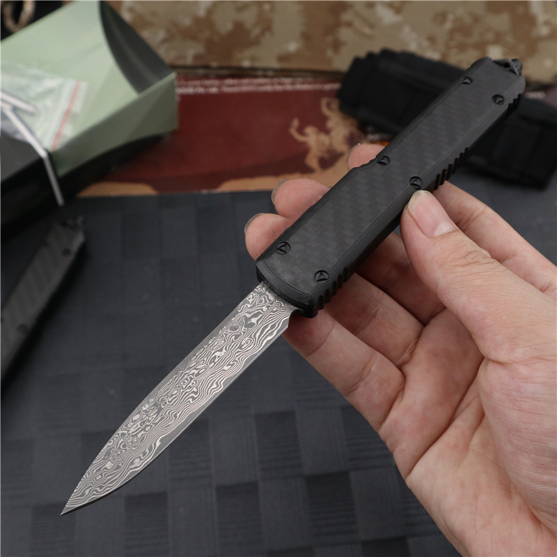 High End UT88 AUTO Tactical Knife Damascus Steel Blade CNC Aviation Aluminum with Carbon Fiber Handle EDC Pocket Gift Knives with Nylon Bag and Repair Tool