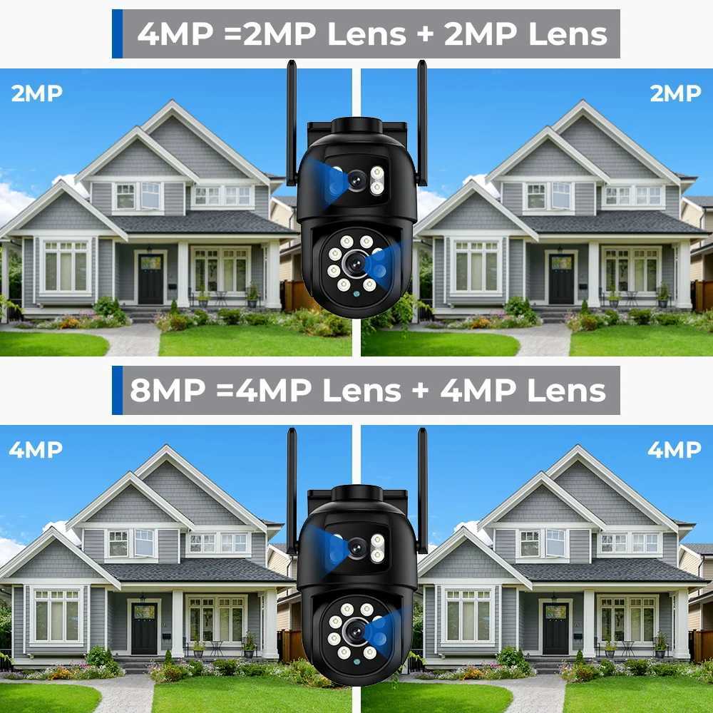 IP -камеры 8MP 4K Wi -Fi Camera PTZ Outdoor Dual Lins Decited Decited Decited Monitoring Camera Audio Dual Screen CCTV CCTV Камера ICSEE Приложение D240510