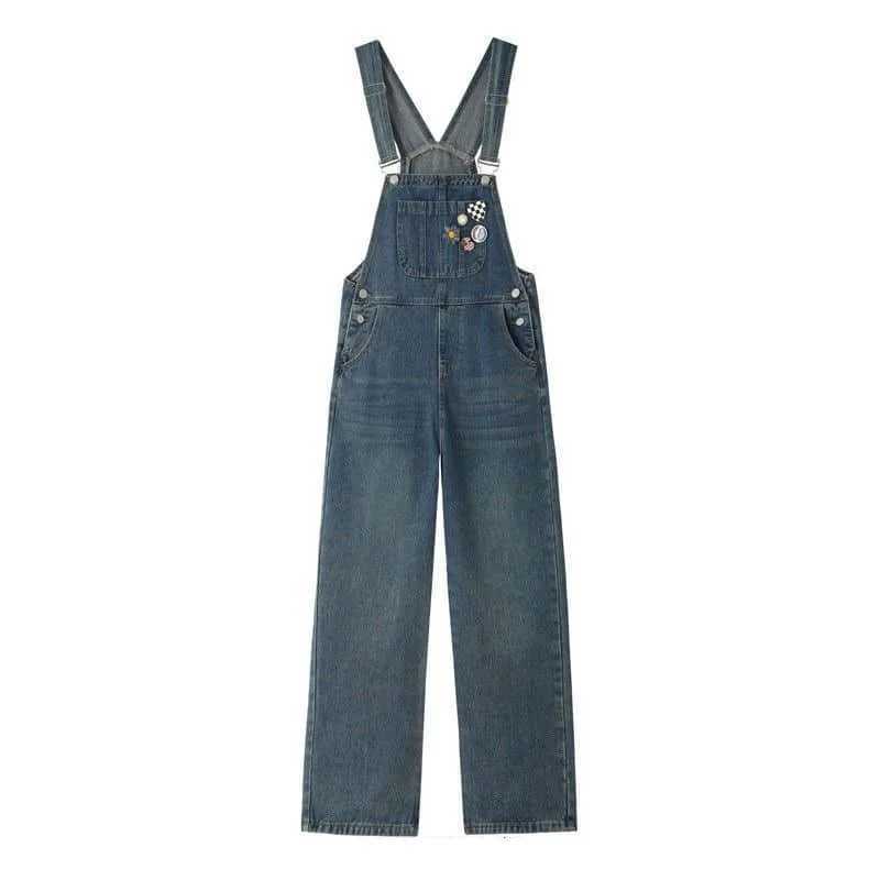 Damen -Jumpsuits ROMPERS Denim -Overall für Frauen Emblem Design Weitbein Hosen ein Stück Outfit Frauen ROMPES LOSSEN KOREAN STYLE Casual Vintage Overalls Y240510