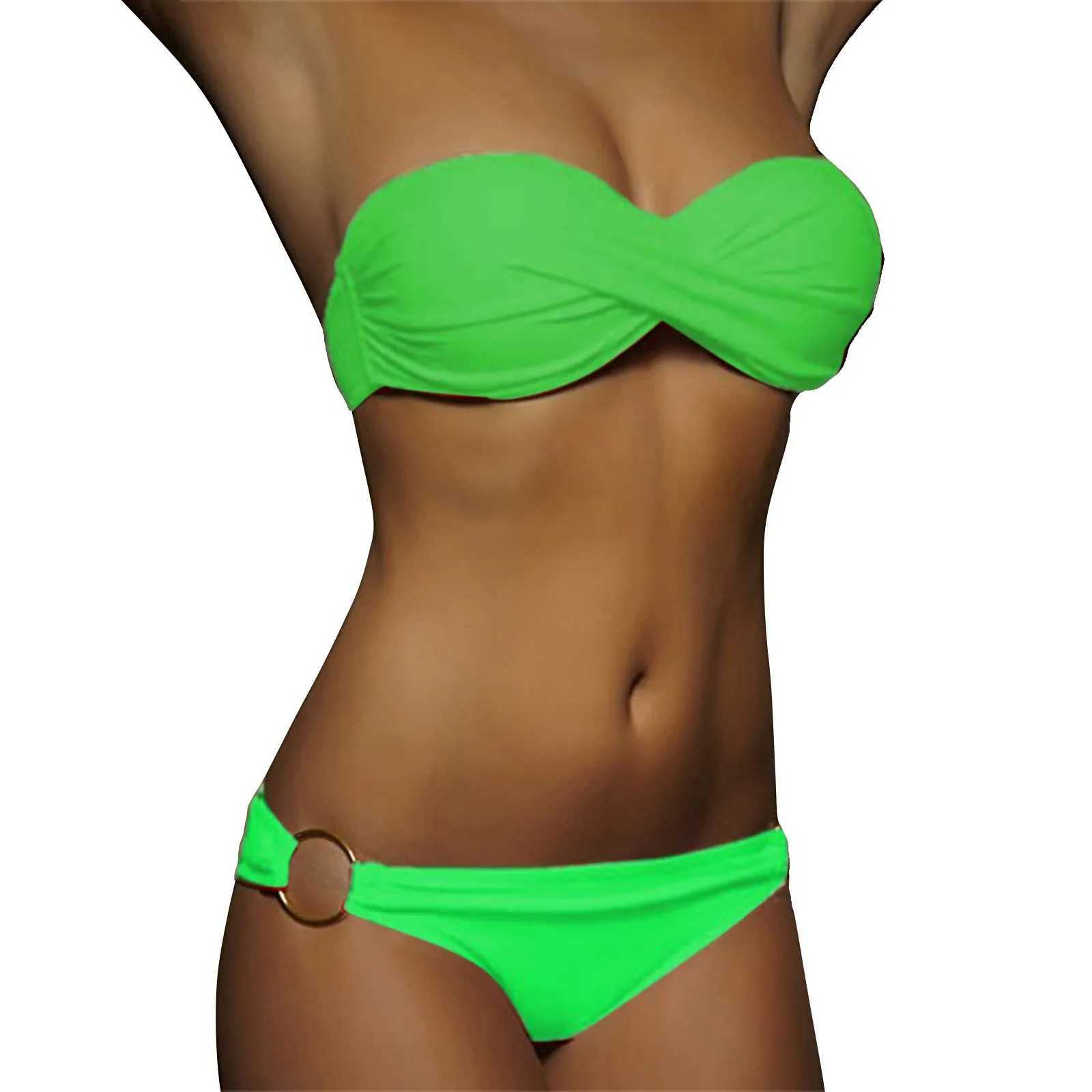 Women's Swimwear 2018 Sexy Two Piece Bikini Swimwear Womens Y2k Ruffled Bandeau Bra Low Waist Dress Swimwear Summer Hawaiian Beach Casual Wear J240510