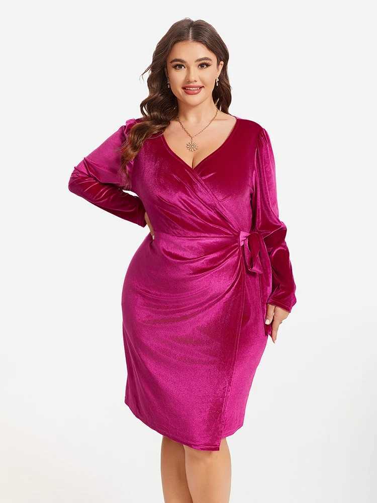 Robes de taille plus de taille plus femme d'été Vintage Vintage Femmes solide enveloppant le côté velours robe de fête de slve longs slve soir tenues de rose y240510