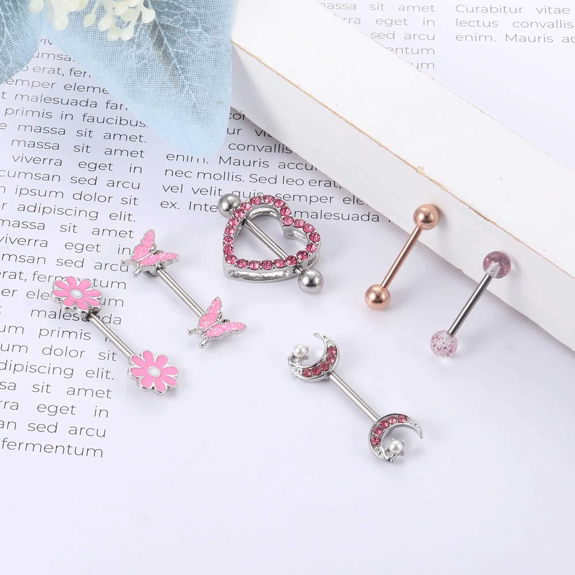Nipple Rings Drperfect 14G Womens Nipple Ring 316L Stainless Steel Heart shaped Butterfly Moon CZ Flower Barbell Cute Breast Perforated Jewelry Y240510