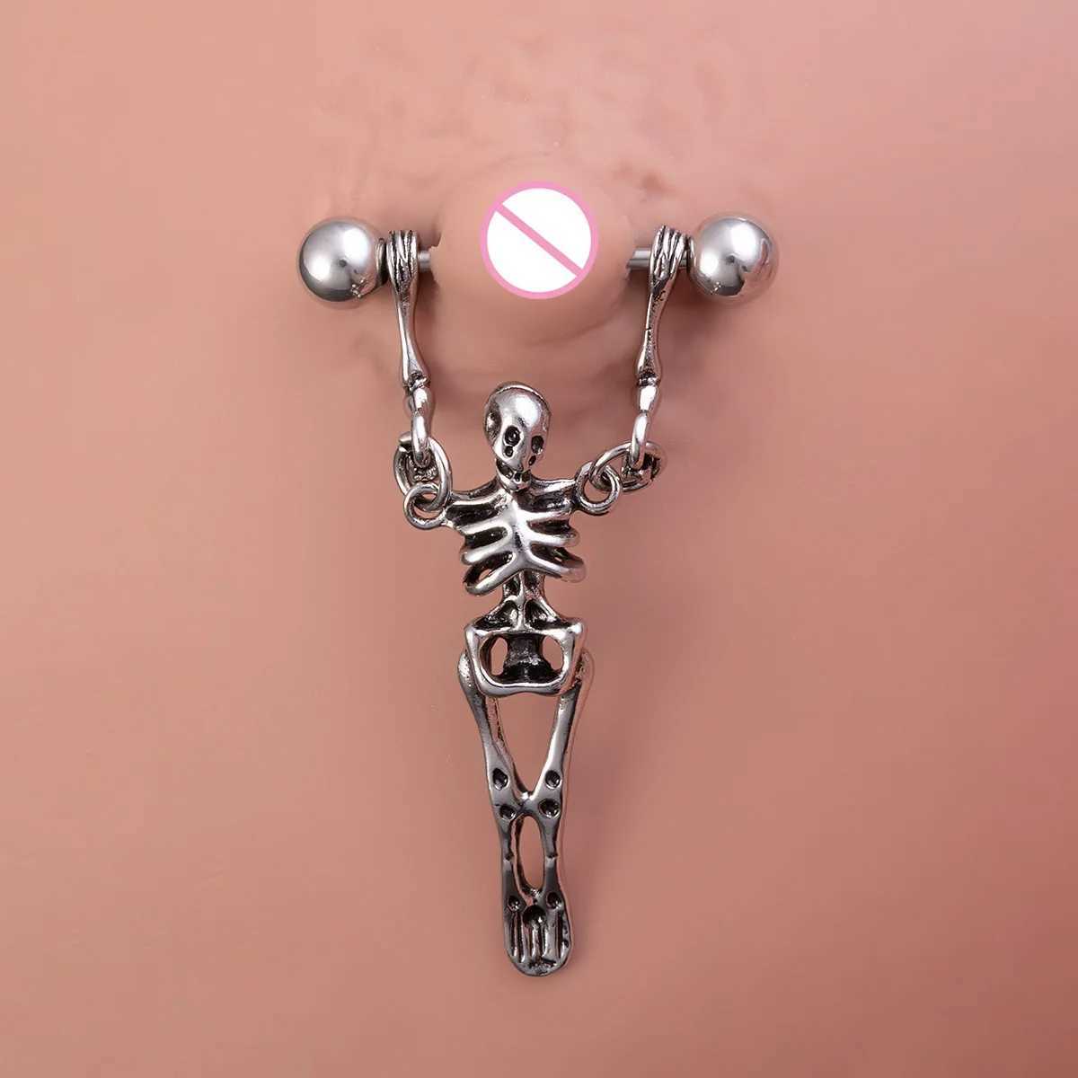 Nipple Rings Punk Skeleton Nipple Rings Breast Jewelry Stainless Steel Sexy Dangle Nipple Piercing Barbell for Women Men Gift 16G Y240510