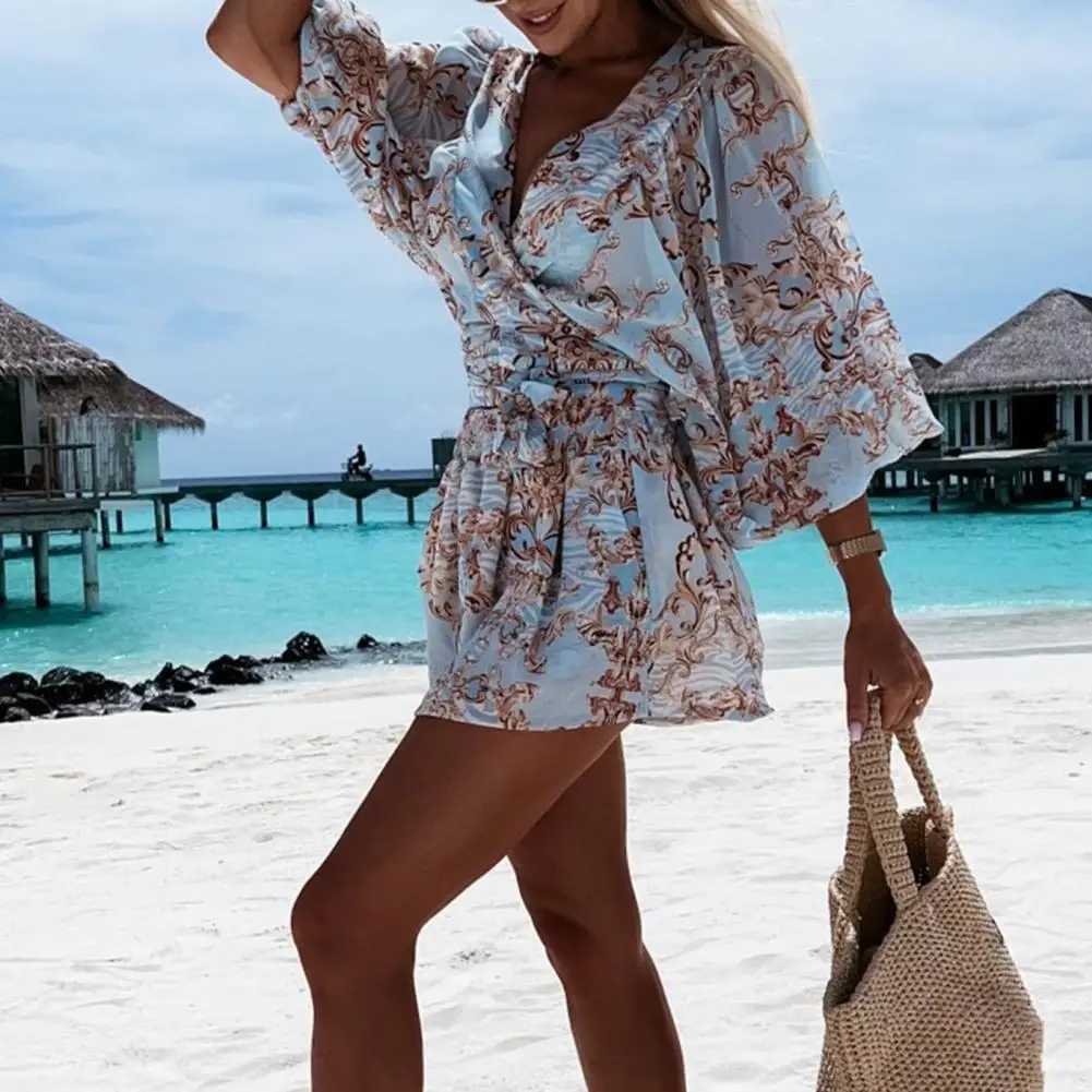 Urban sexy Kleider sexy Frauen Sommer Beach Kleid Blumendruck Lantern Langsame Langsamen lässige Pyjamas Street Kleidung D240510