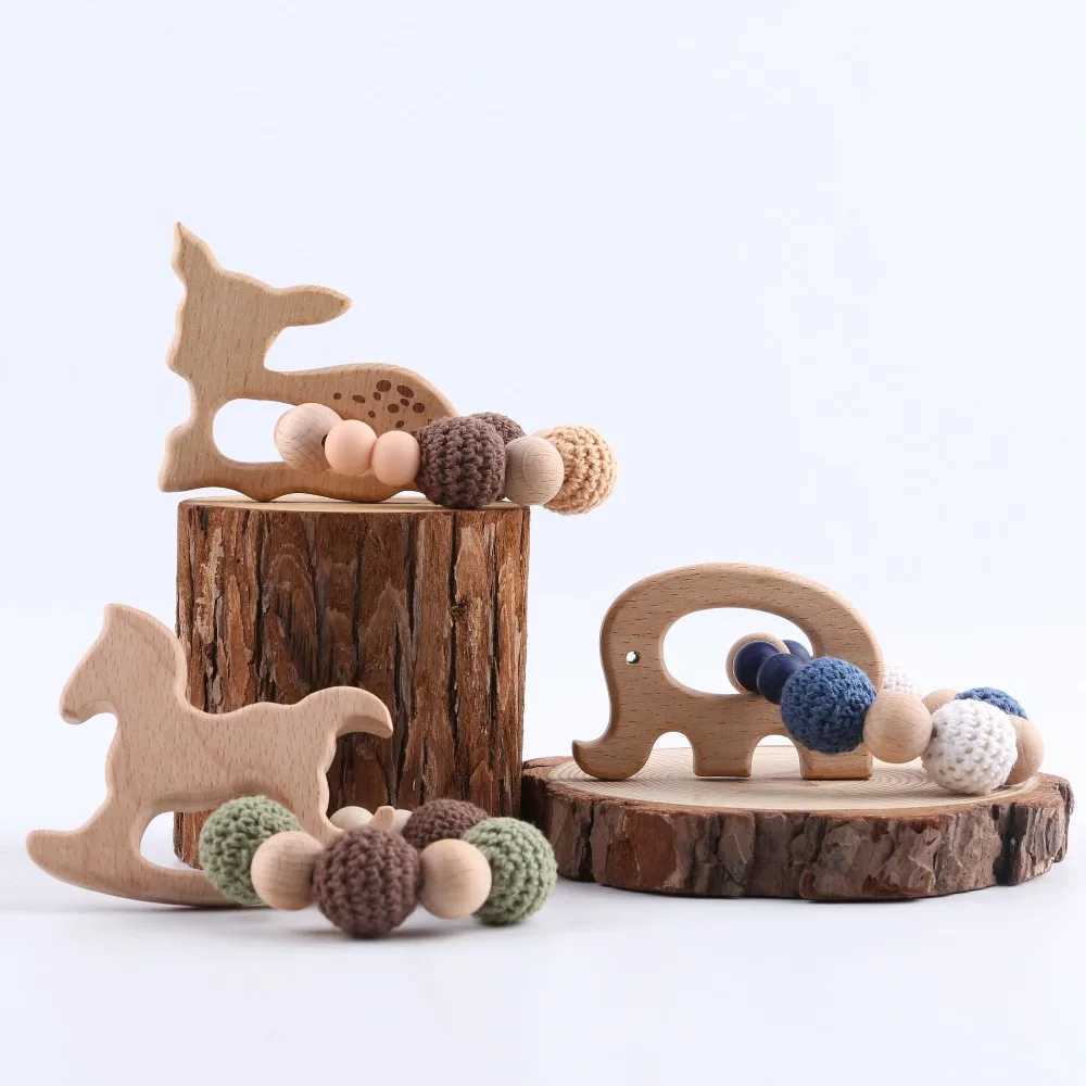 Teethers Toys of Aniaml Sika Deer DIY Crafted Baby Bracelet with Wooden Teeth Sidewinder Snake Beech Wood Rodent Hook Needle Beads Childrens Toy Gifts d240509