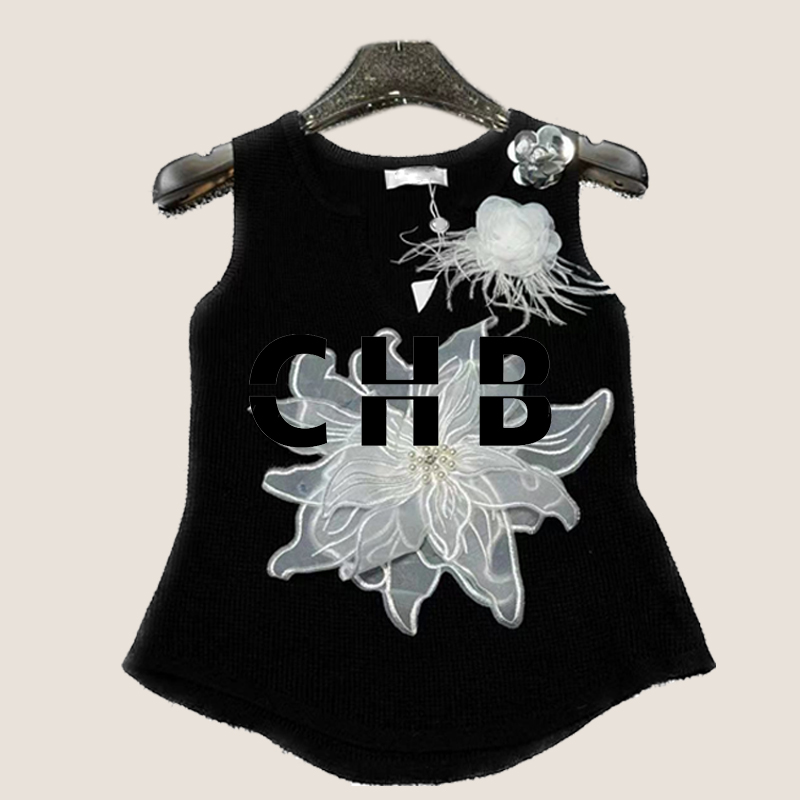 Kvinnor sommar ny sidrem 3d blomma stickad tank topp ny tung industri het diamant 3d kamelia stickad tank top