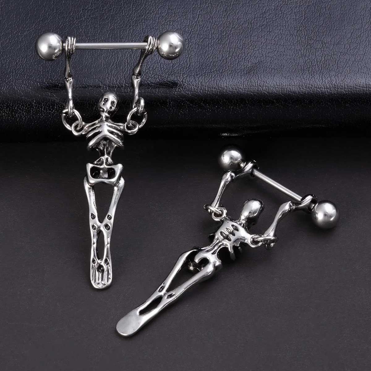 Nipple Rings Punk Skeleton Nipple Rings Breast Jewelry Stainless Steel Sexy Dangle Nipple Piercing Barbell for Women Men Gift 16G Y240510