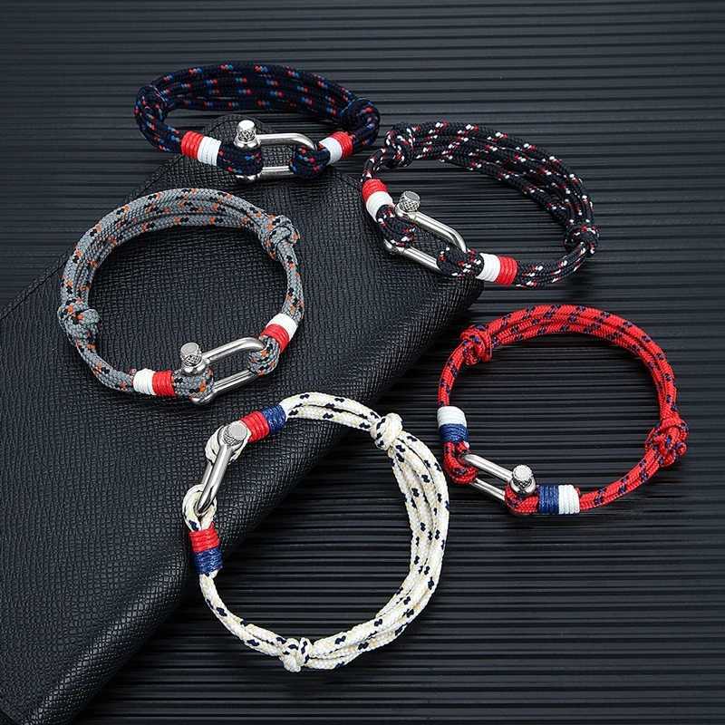 Charm Bracelets MKENDN Mens Sport Camping Parachute cord Survival Bracelet Women U-Shape Stainless Steel Shackle Buckle Surfer Beach Jewelry Y240510