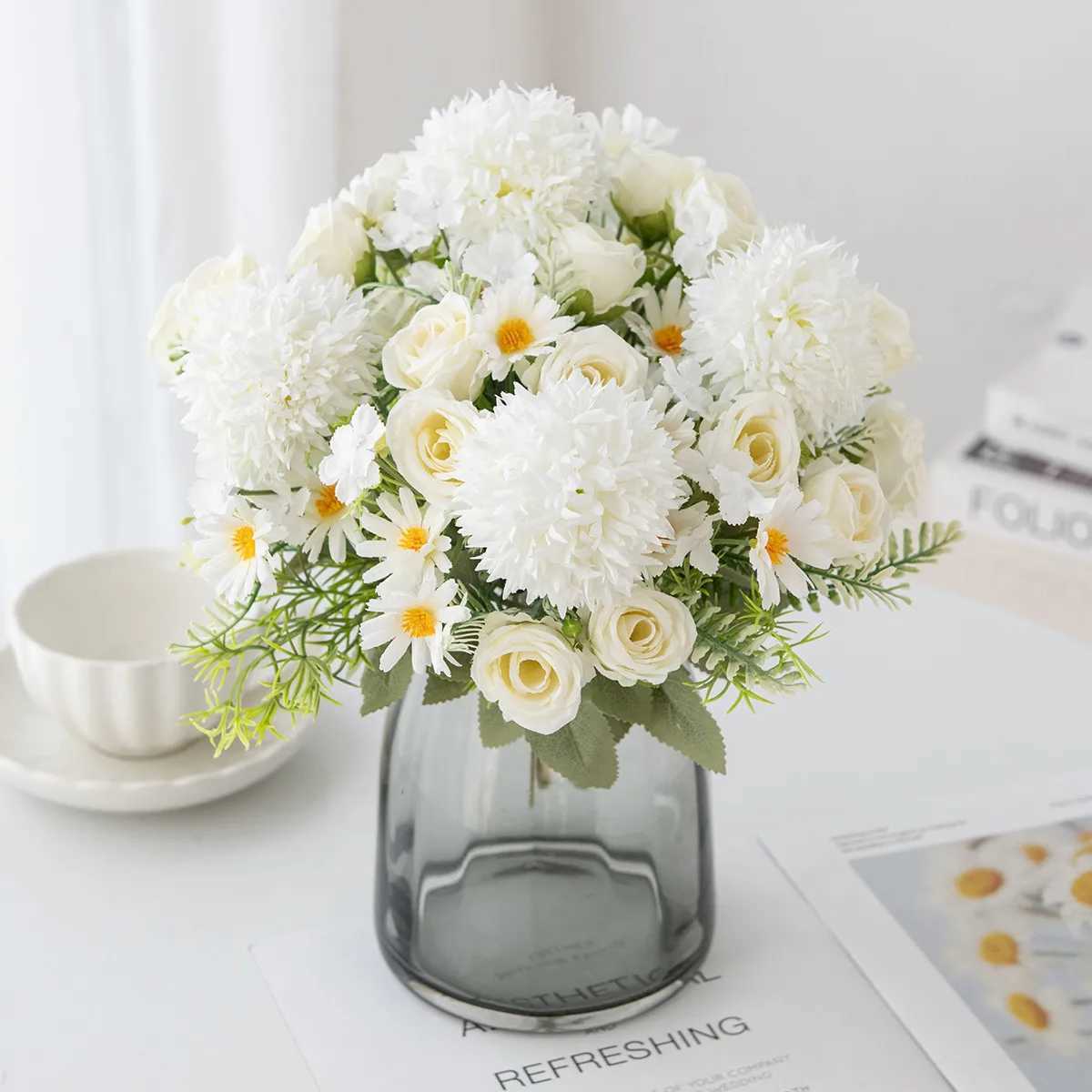 Decorative Flowers Wreaths Hot sales Rose chrysanthemum Silk Bouquet Artificial Flowers For Wedding Home vase Christmas Wreath wall Diy gift decoration