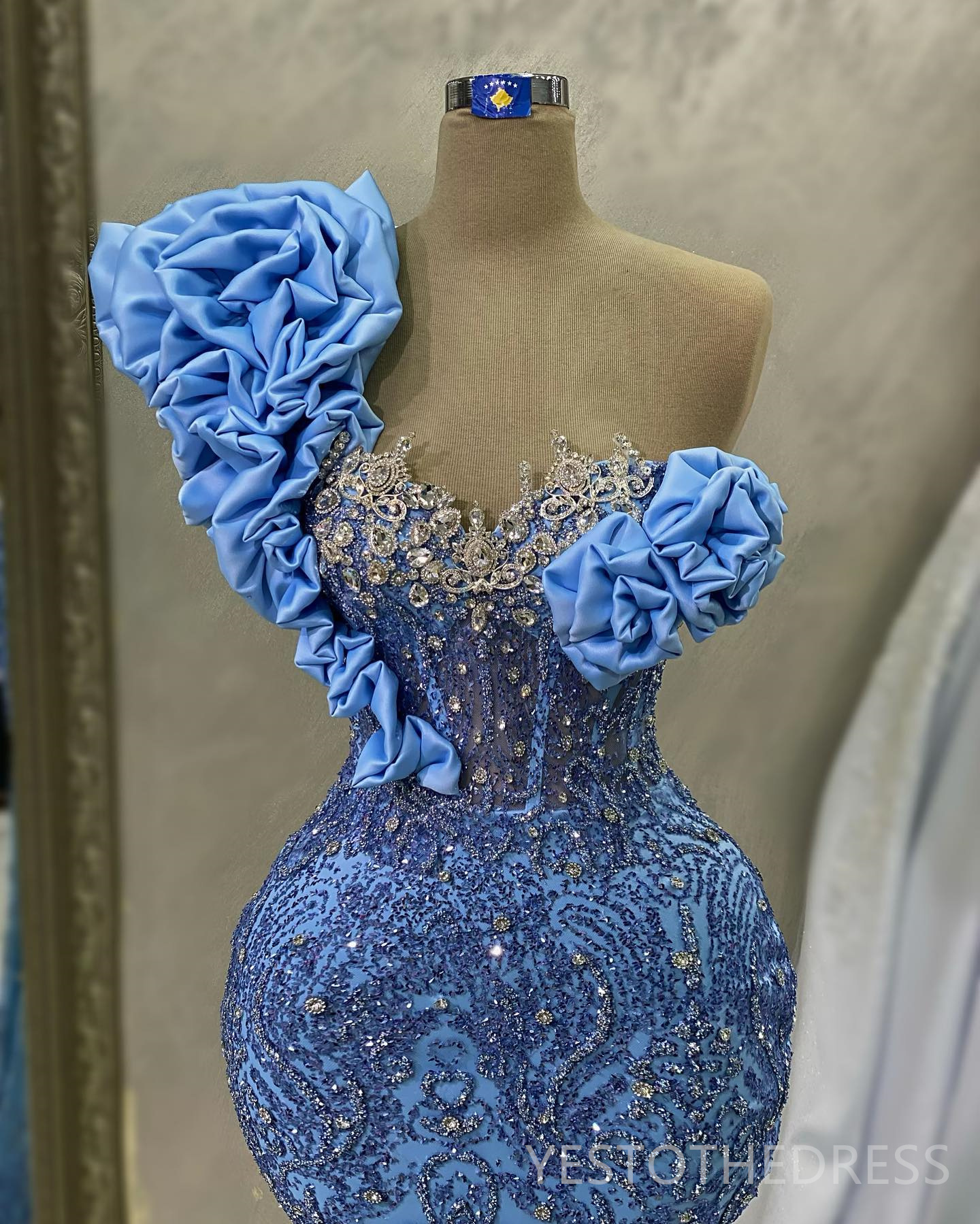 2024 Blue Plus Size Prom Kleider für besondere Anlässe Promdress One Schulter Perlen Spitze Strass dekorierte Geburtstagsfeier Kleid zweite Empfangskleider Am891