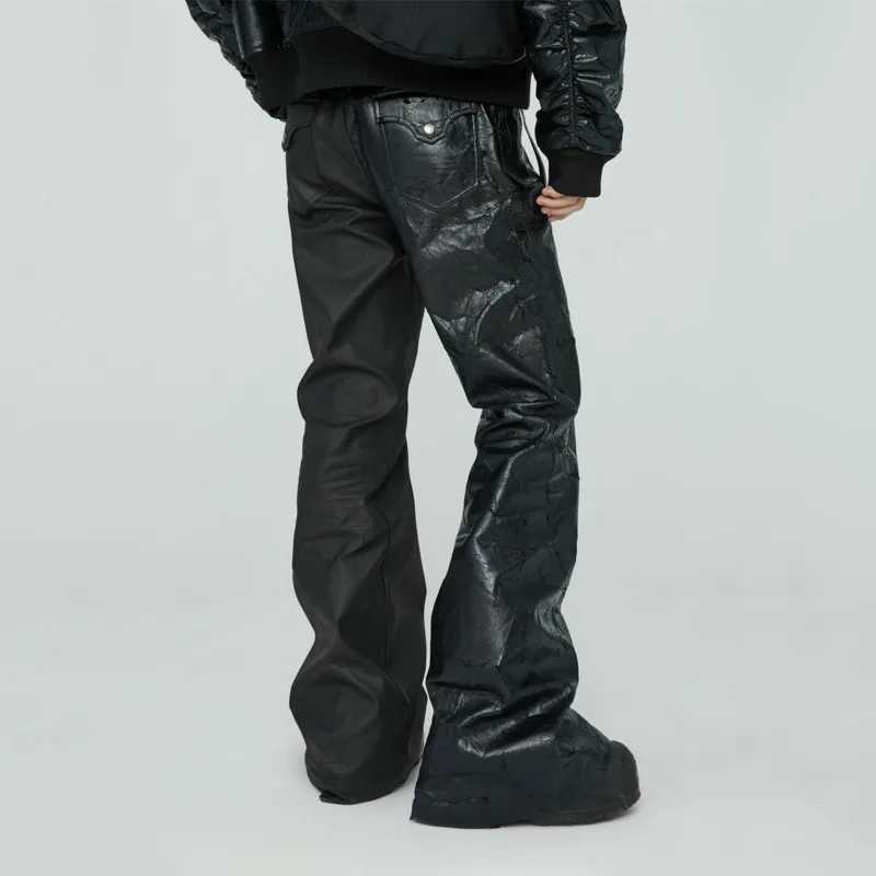 Herenbroeken HKSH Handgemaakte Coating Ultradunne Was Surface zware splicing Crack Casual Black Pu lederen broek voor heren trendy punk HK0850L2405