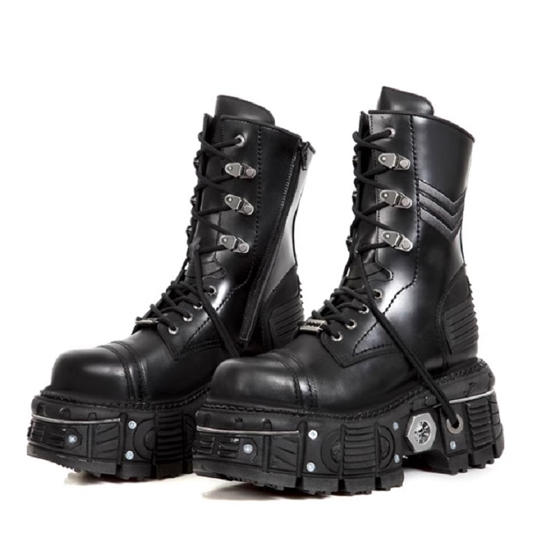 Retro Black Man Women Angle Boots Metal Decorary Толстая платформа панк женский круглый шнурок, повседневные рыцарские женские туфли 45 1A17