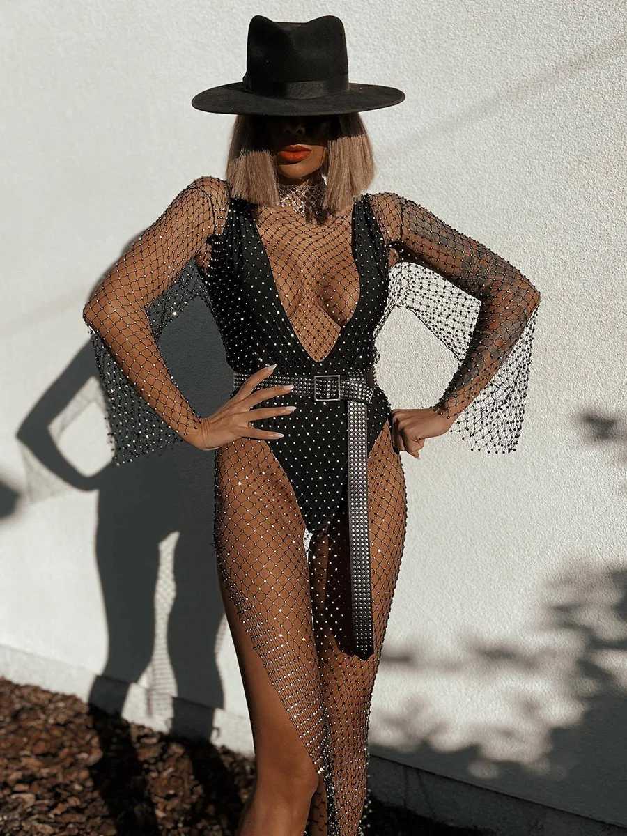 Robes décontractées de base Robe en deux pièces Y2k sexy Sexy Diamond Diamond Mesh Fish Robe Long Manche Couvre cousue Couvre de plage Couverture Breffe pour femmes Vesidosl2405