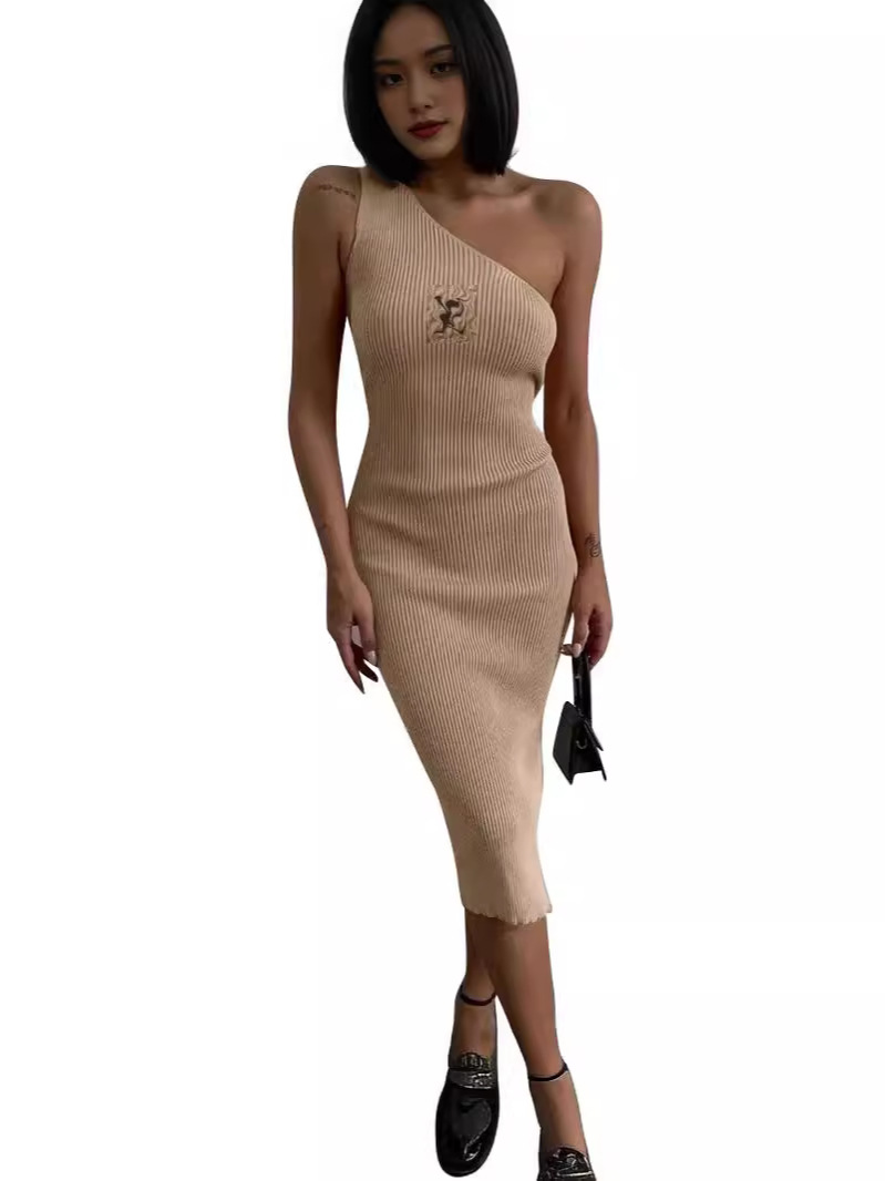 Designer One Shoulder Dresses Women Casual Slim BodyCon Side Splt Pencil Dress Free Ship