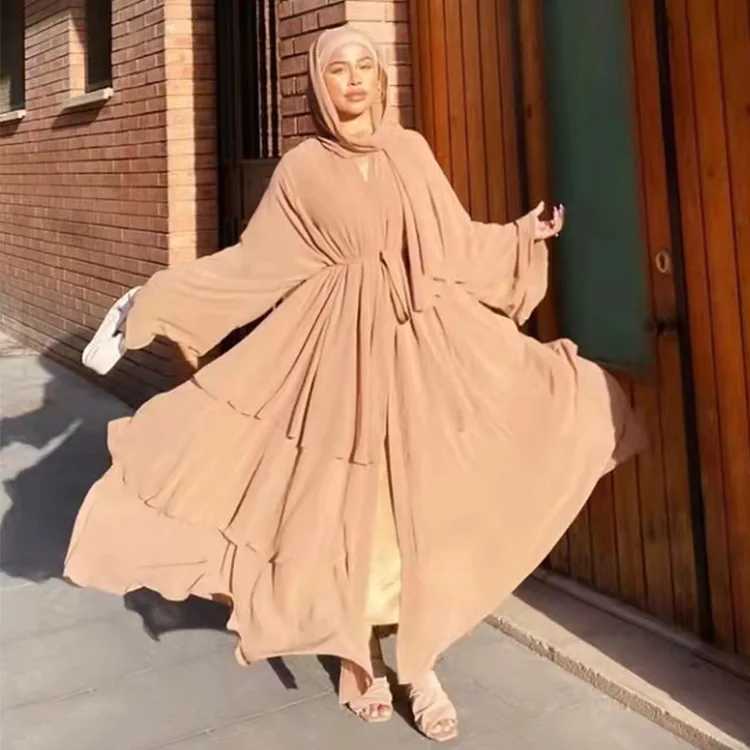 Etnische kleding mode stiksel moslimjurk vrouwen thr-layer chiffon elegante Abaya Ramadan Cardigan Hijab Marocain Dress Robe T240510