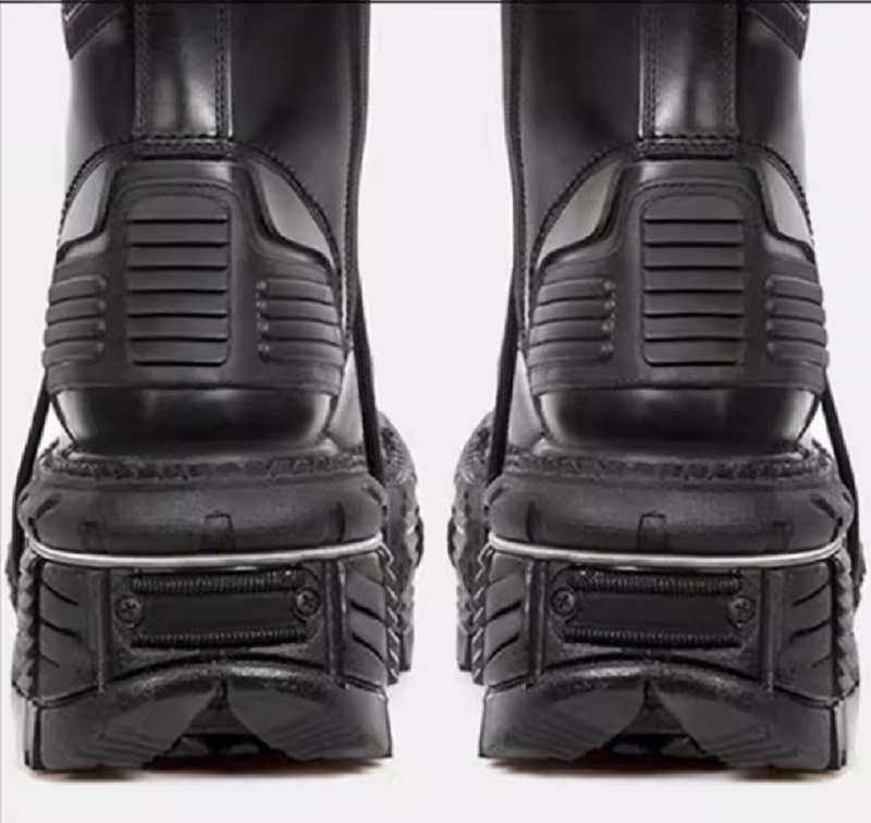 Retro Black Man Women Angle Boots Metal Decorary Толстая платформа панк женский круглый шнурок, повседневные рыцарские женские туфли 45 1A17