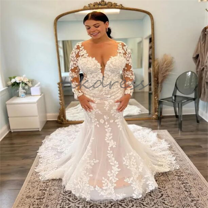 Plus Size Boho Hochzeitskleid 2024 mit Applikationen Spitze Langarm Country Bohemian Meerjungfrau Brautkleider Court Zug Beach Ziel Braut Kleid Vestios de Novias