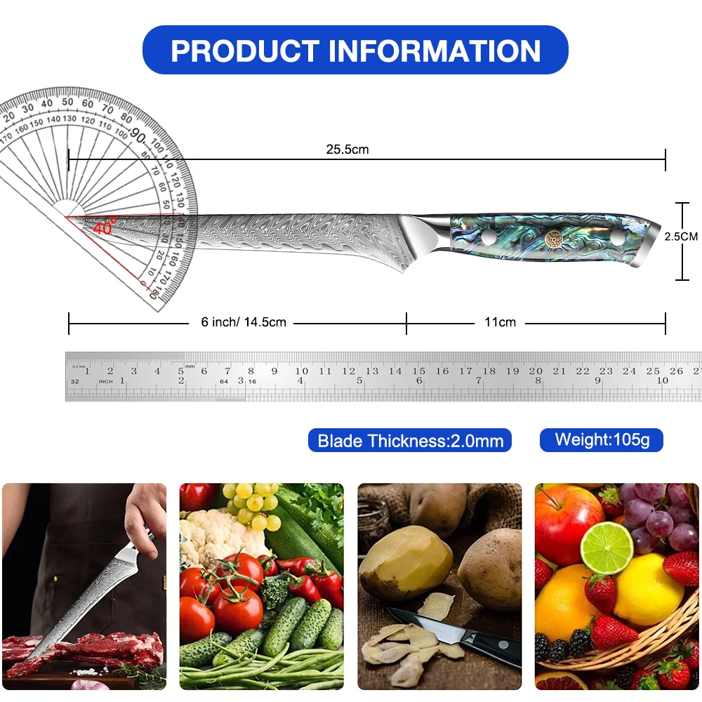 6 tum boningkniv Damascus stålfilékniv skarp krökt flexibelt bladkök som är avboning kniv för fiskfjäfäskyckling