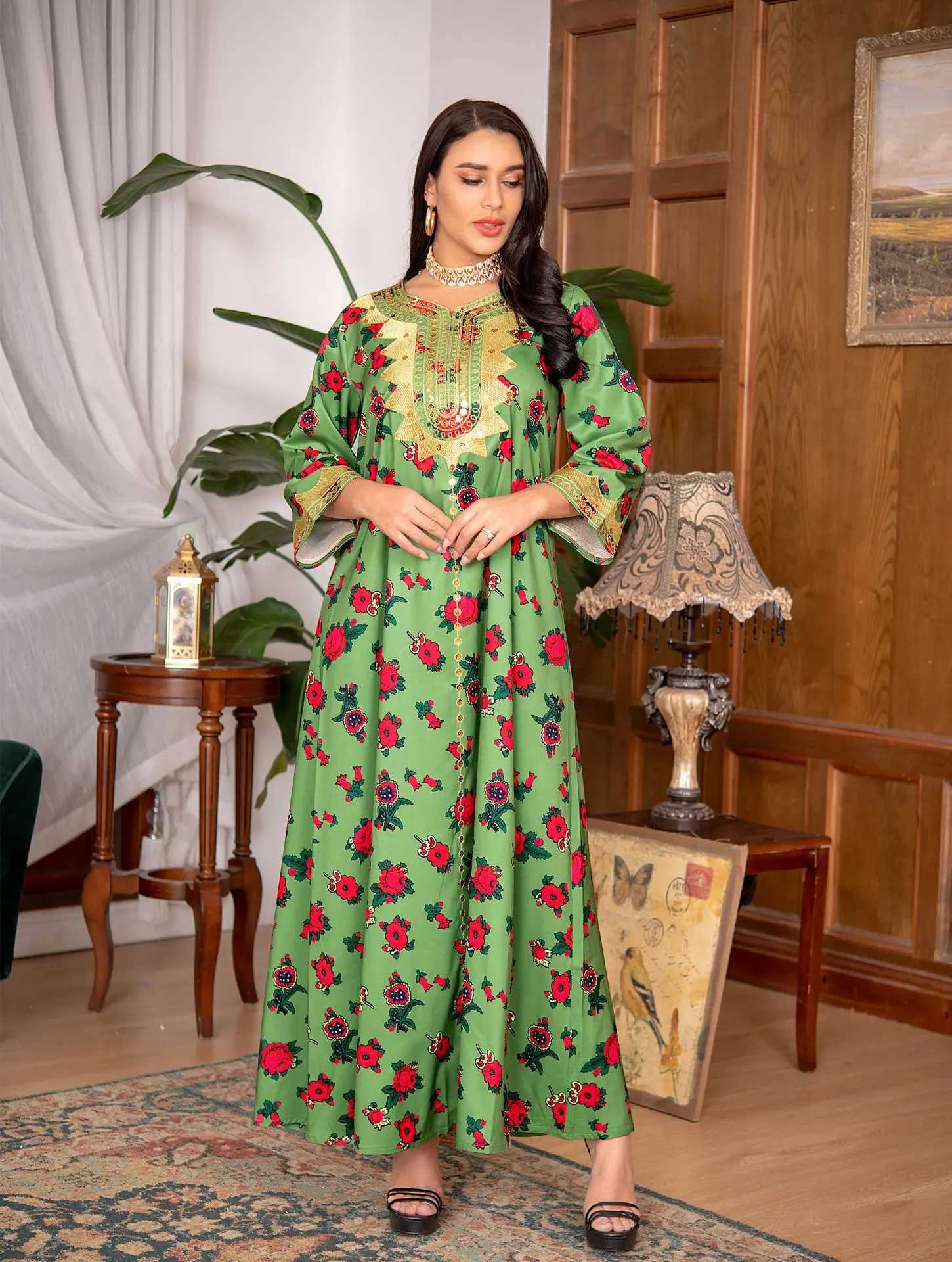 Vestido de hijab de roupas étnicas DUBAI árabe para mulheres GRN Ramadan Eid Jalabiya moda Moda Muslim Marroquino Kaftan Turquia Roupas Islâmicas T240510