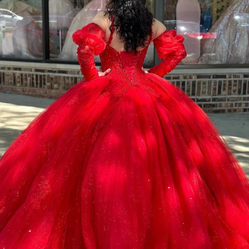 Red Off The Shoulder Quinceanera Dresses Ball Gown Sweetheart Appliques Lace Beads Tull Corset Vestidos 15 De XV Anos