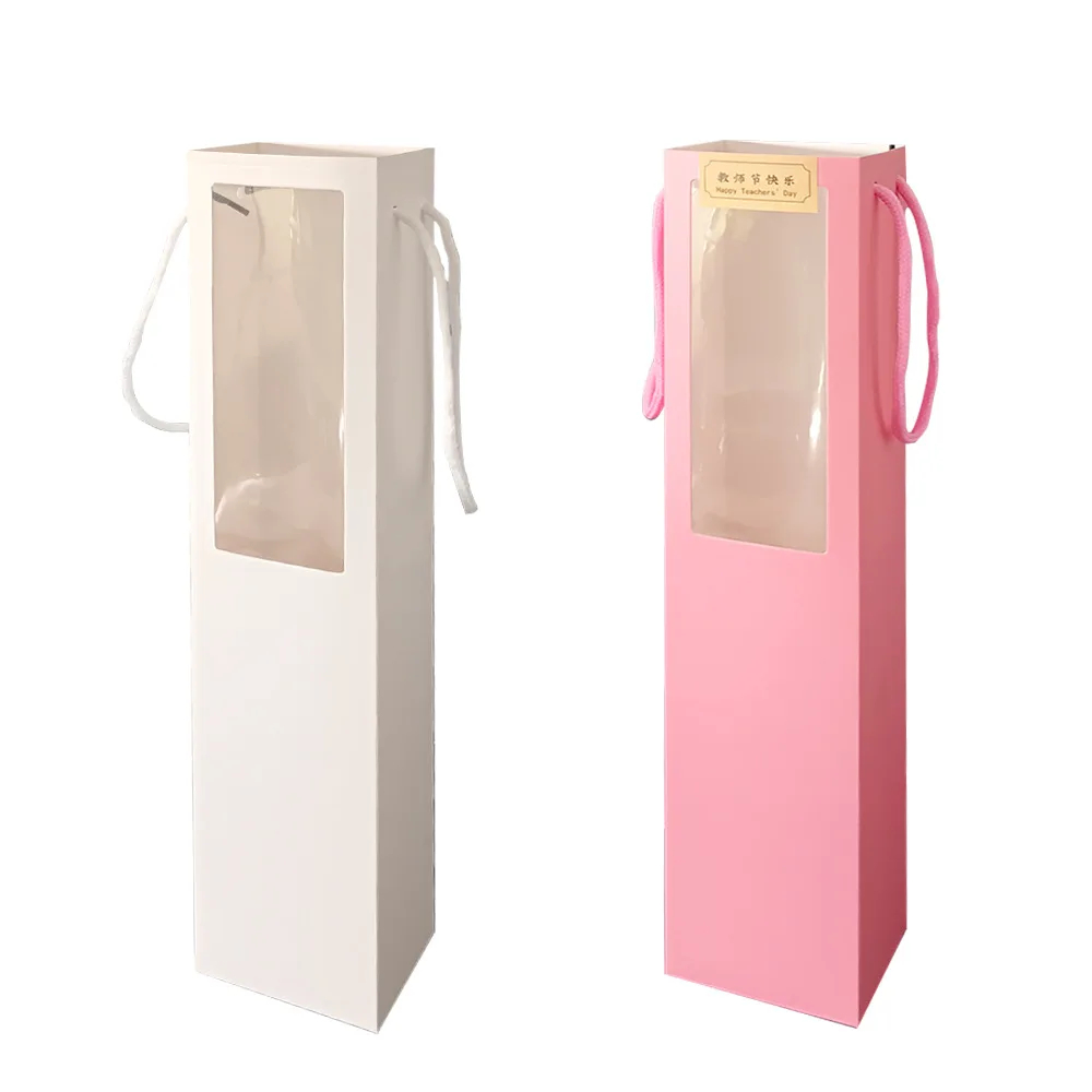 Flower Bag Ribbon Gift Box Window Transparent Single Stem Bag for Mother's Day Bouquets Valentine's Day Handheld Bag j08