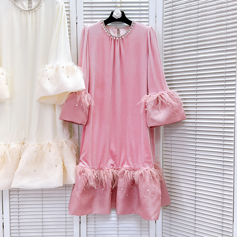 506 L 2024 Milaan Runway Dress Spring Summer Lange Mouw Crew Neck Pink Abrikoos Jurken Damesjurk Mode Hoogwaardige Luxijia