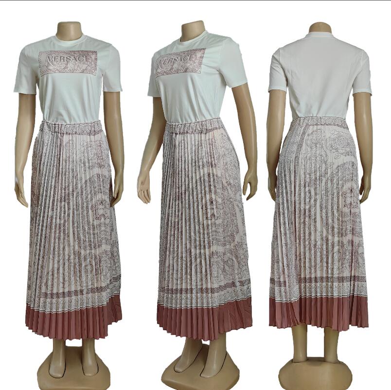 Nowe damskie barokowe drukowane swobodne zestawy z krótkim rękawem sukienka mody projektant T-koszule Top+plisowana spódnica 2-częściowa
