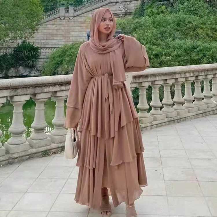 Etnische kleding mode stiksel moslimjurk vrouwen thr-layer chiffon elegante Abaya Ramadan Cardigan Hijab Marocain Dress Robe T240510