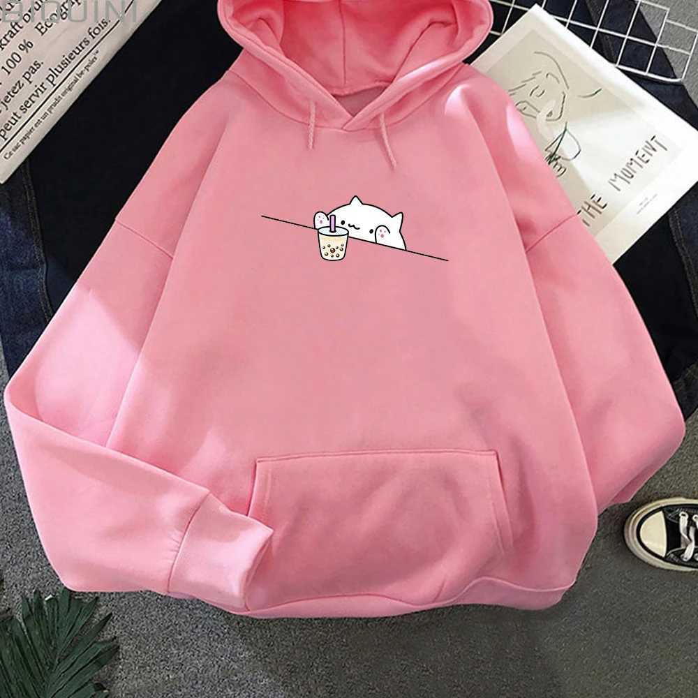 Felpa con cappuccio da uomo con felpa con cappuccio a bolle di tè grafico Pullover casual Pullover Casualità Abiti con cappuccio con cappuccio più taglia con cappuccio Kawaii Cat e Boba Women Felpes T240510