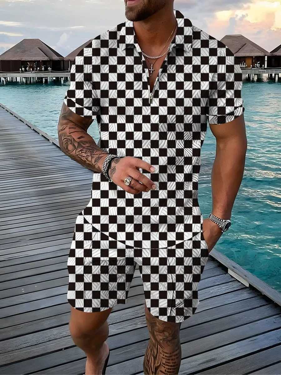 Herrspårsugnar Vintage 3D -tryck Men Polo -skjortor 2st Set Dragkedja LAPEL SETS COLLAR+SHORTS Hawaii Holiday Style Casual Man Clothing Q240501010