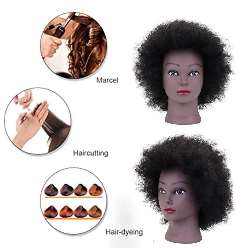 Głowi manekiny afrykańska głowa manekina 100% ludzkich włosów Regulowane trening statywu do ćwiczenia tkania stylizacji Q240510