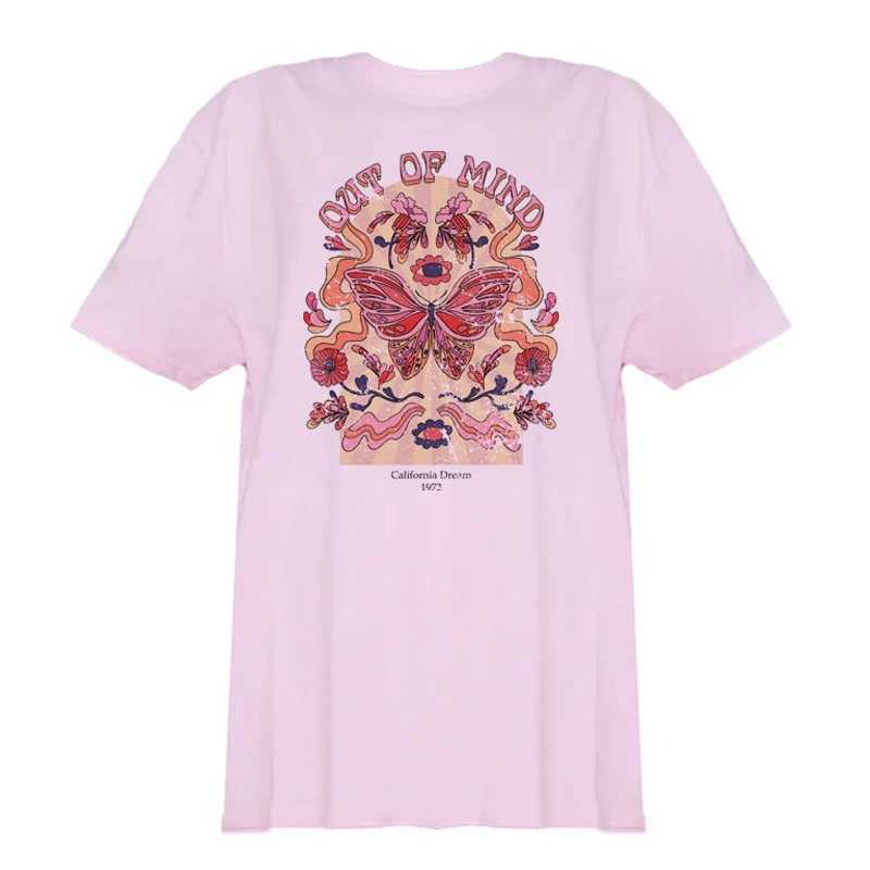 Women's T-Shirt Butterfly Floral Print Oversized T-Shirt 70s Retro Hippie Boho Graphic Ts Women Vintage Psychedelic Tshirt Cute Aesthetic Top T240510