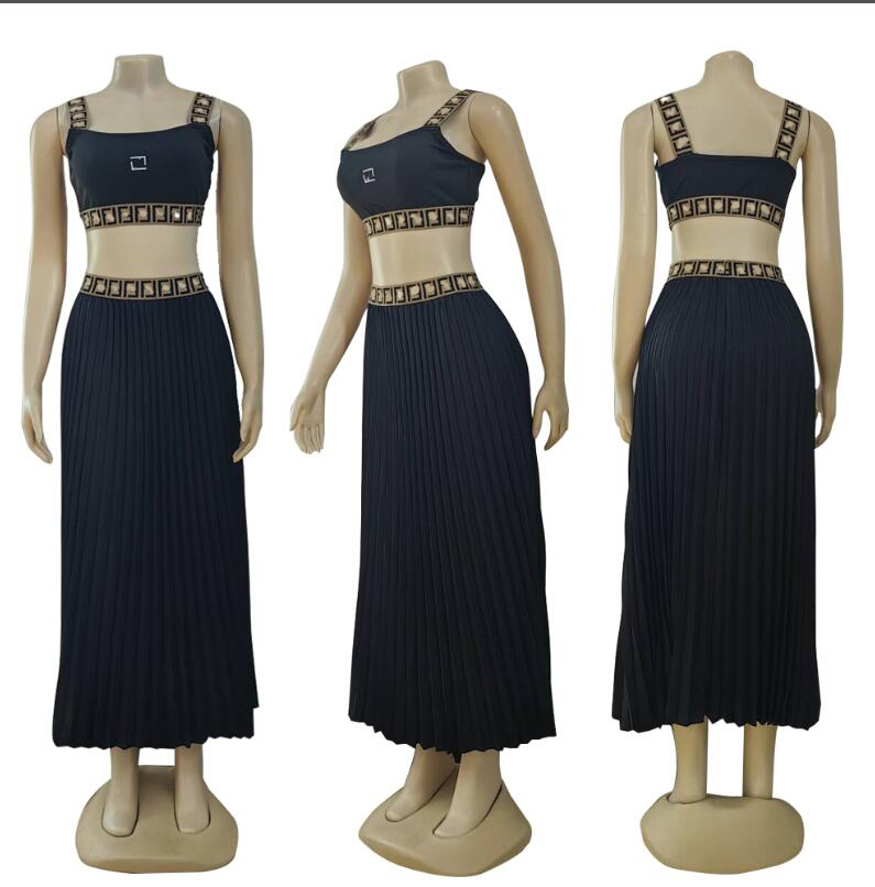 NEW women's Sexy Two Piece dress brand Designer Geometric patterns sling vest long pleated skirt 2-piece sets women splicing nightclubs suit