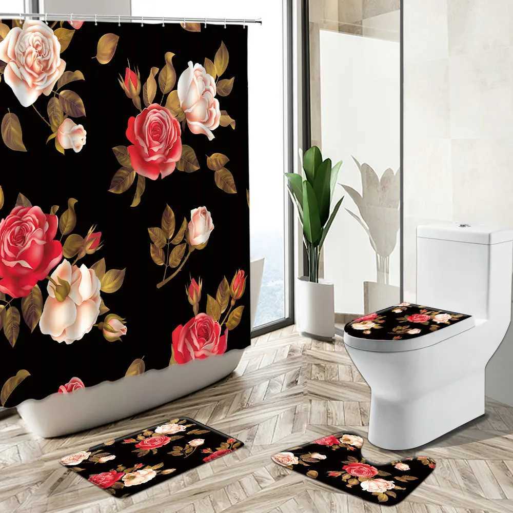 Rideaux de douche petit rideau de douche à feuille verte florale plante de fleur de rose baignoire de style pastoral européen baignoire