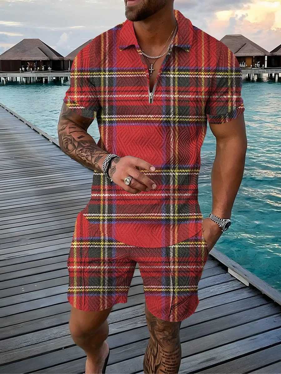 Herrspårsugnar Vintage 3D -tryck Men Polo -skjortor 2st Set Dragkedja LAPEL SETS COLLAR+SHORTS Hawaii Holiday Style Casual Man Clothing Q240501010