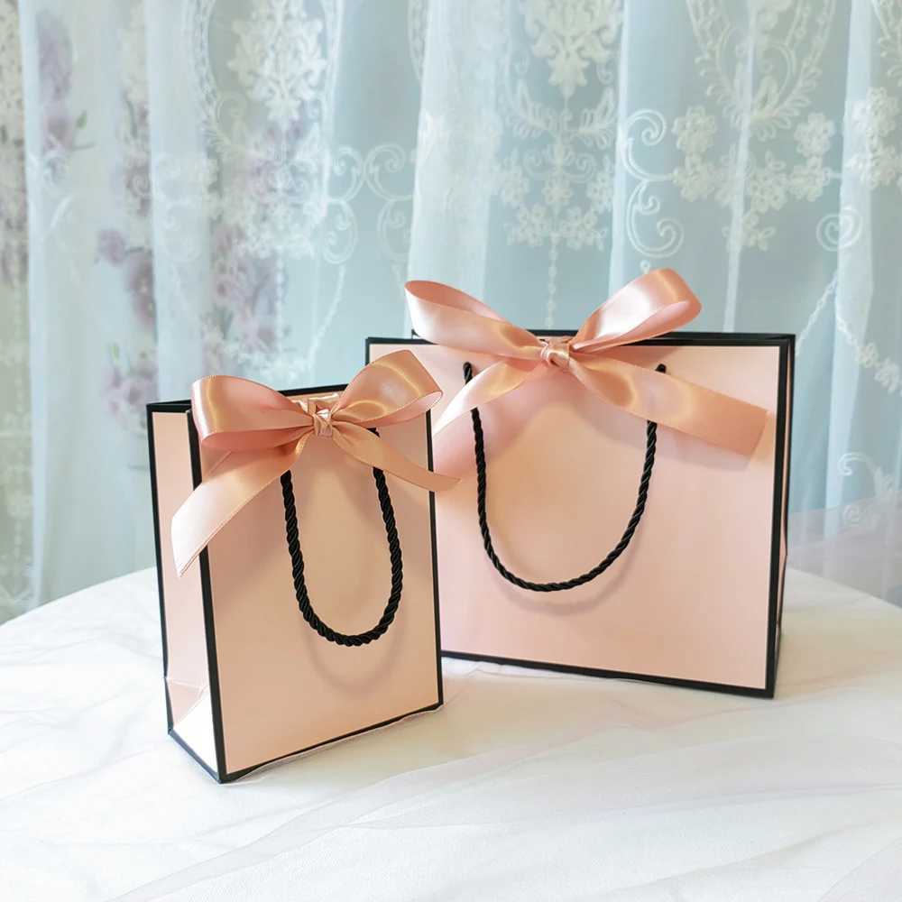 Gift Wrap Bag Packaging Box Bride Wedding Decoration Pink Kraft Paper Party Baby Shower Book Belt Handle RibbonQ240511