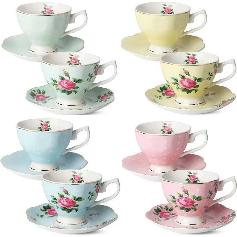 Tasses Saucers tasses à thé floral et soucoupes Ensemble de 8 8 oz garniture en or et boîte à cadeaux tasses à café de tasse à thé floral ensemble de tasses à thé britanniques
