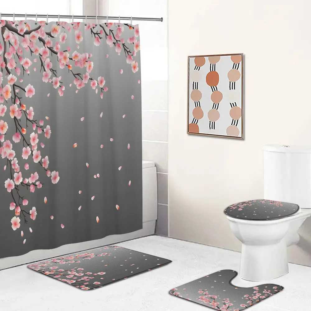Douche gordijnen sakura bloesem douchegordijn set kersenbloemen planten lente badkamer decoraties bloemen niet-slip bad mat toilet deksel deksel